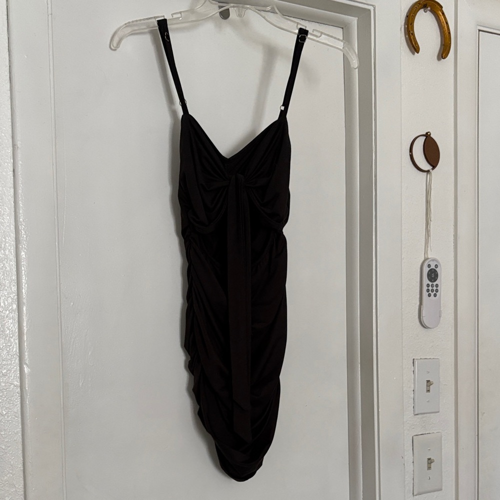 Black Ruched Bodycon Dress with Tie Front